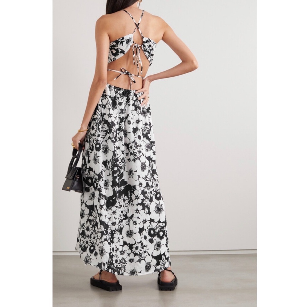 Faithfull the Brand La Piedra Cutout Black White Floral Print Linen Maxi Dress